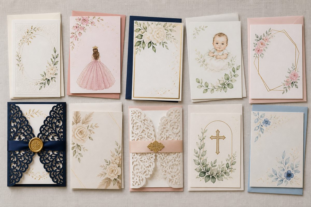 Variedad de diseños de invitaciones de papel para distintos eventos