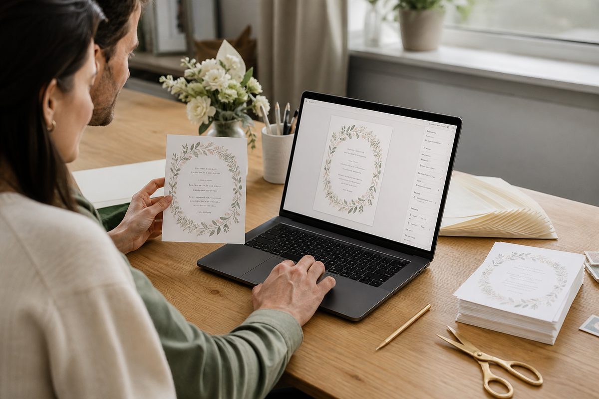 Personalización de una invitación de papel en pantalla junto a la tarjeta impresa