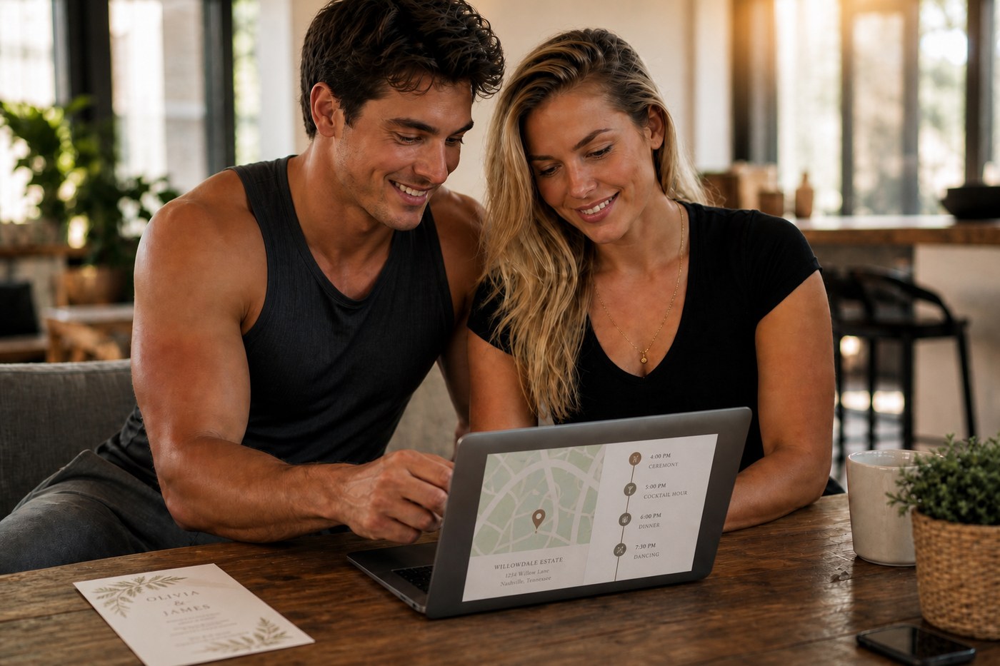 Pareja planificando el itinerario y las sedes del evento