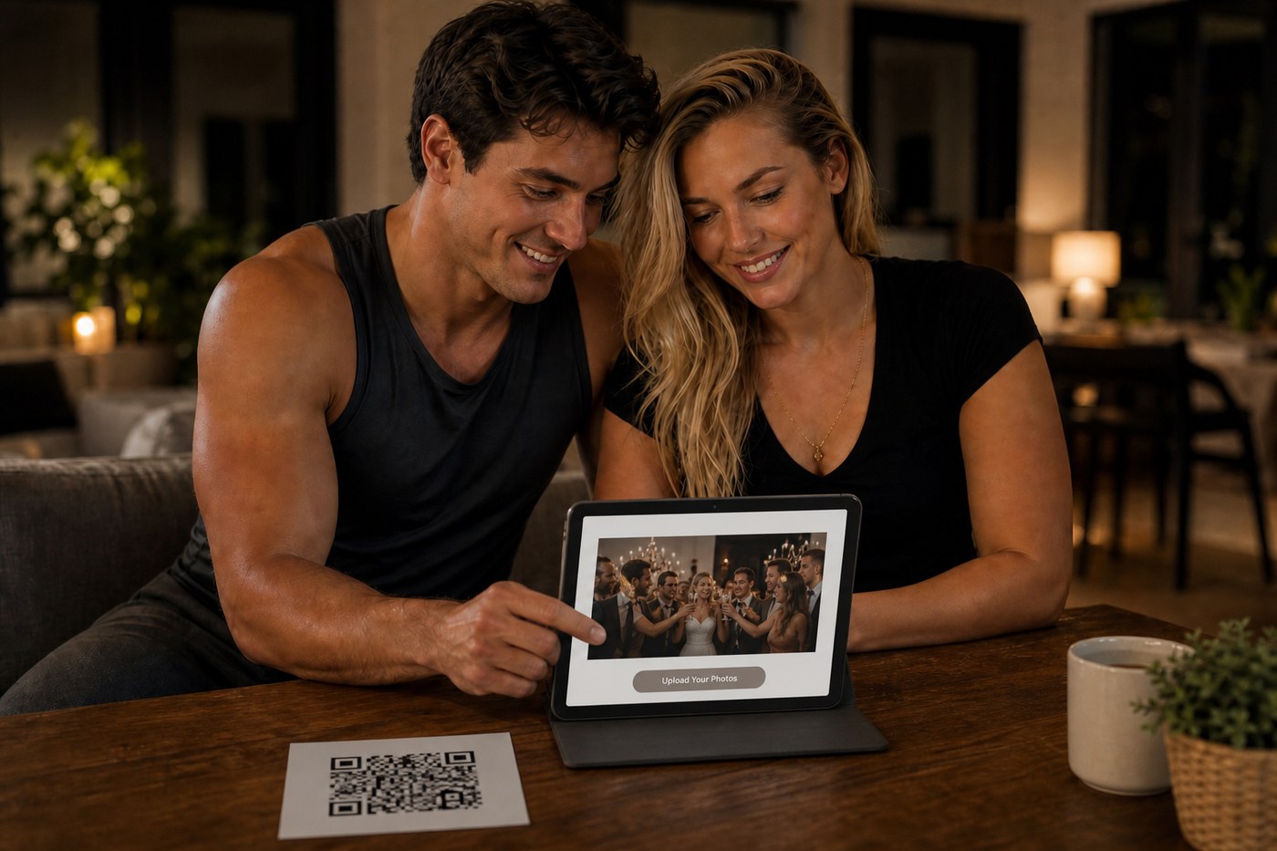 Pareja viendo el muro de fotos del evento con código QR