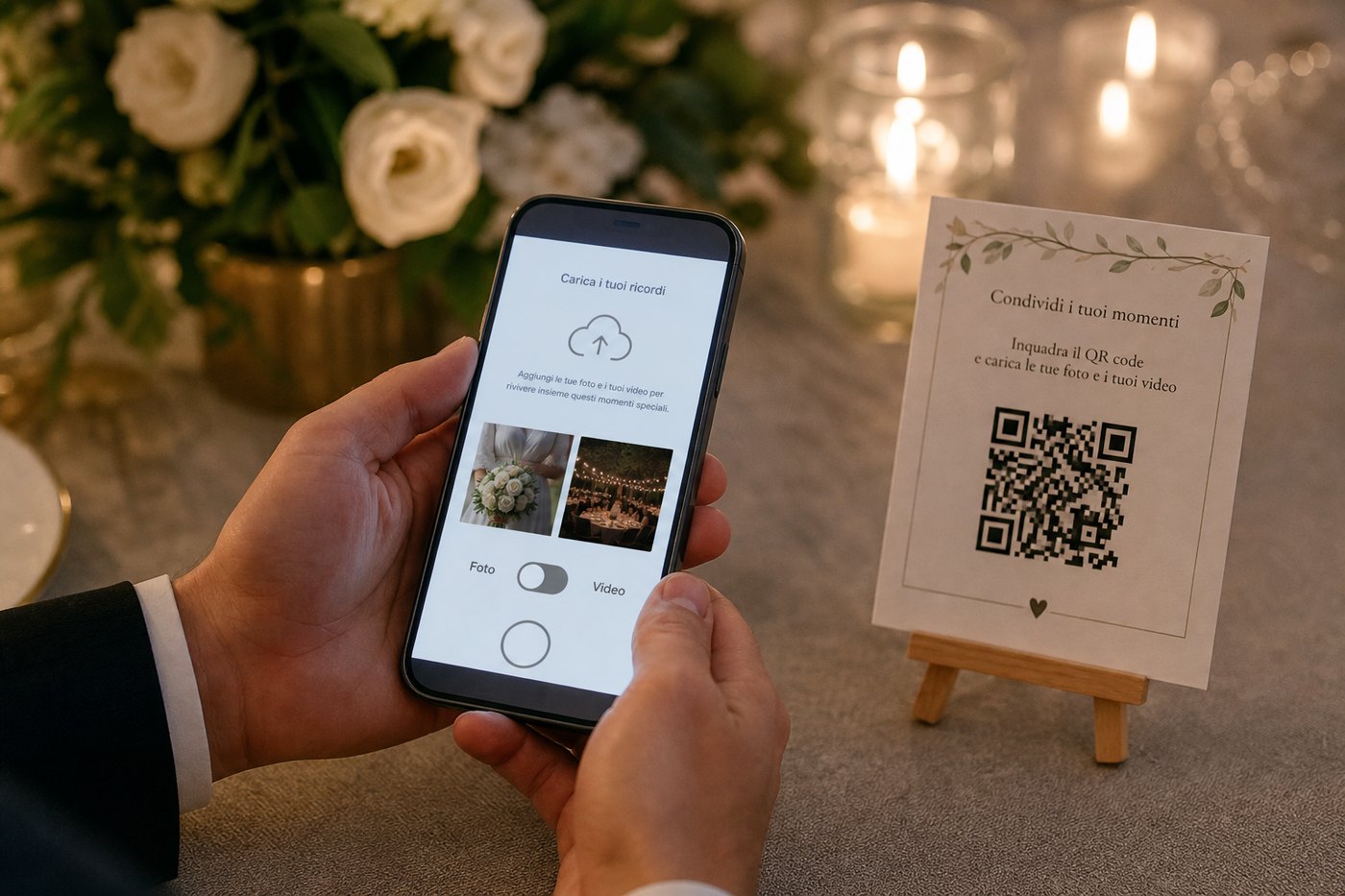 Invitado subiendo una foto al muro del evento desde el celular junto al código QR