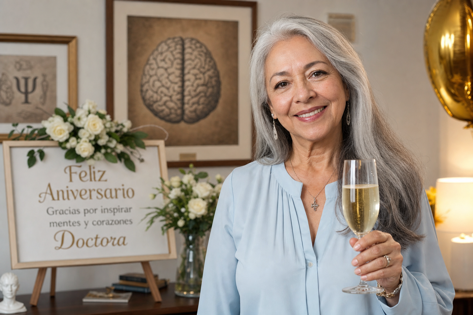 Aniversario — psicóloga jubilada con canas