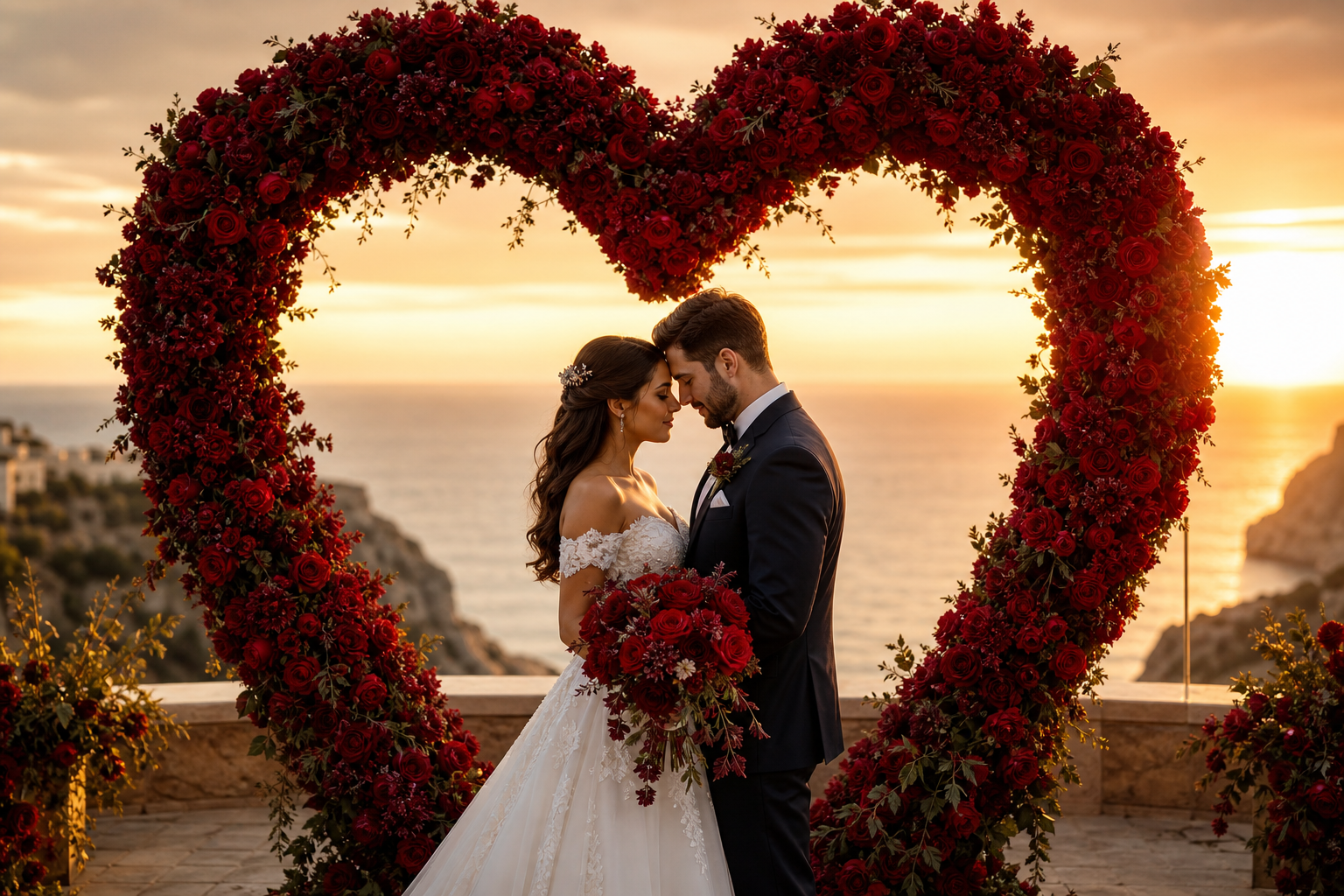 Boda — arco en corazón con rosas rojas