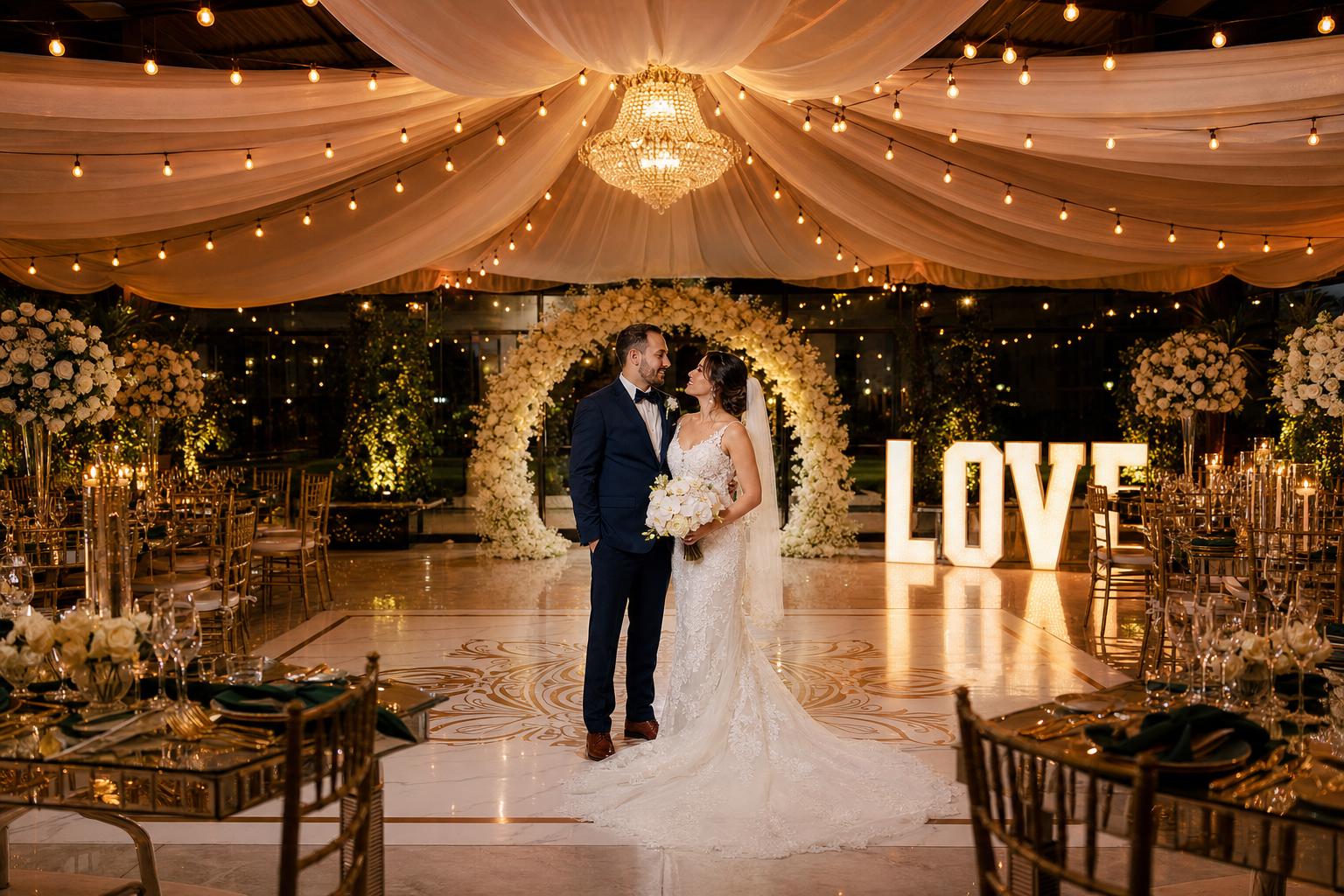 Boda — novia y novio en salón elegante
