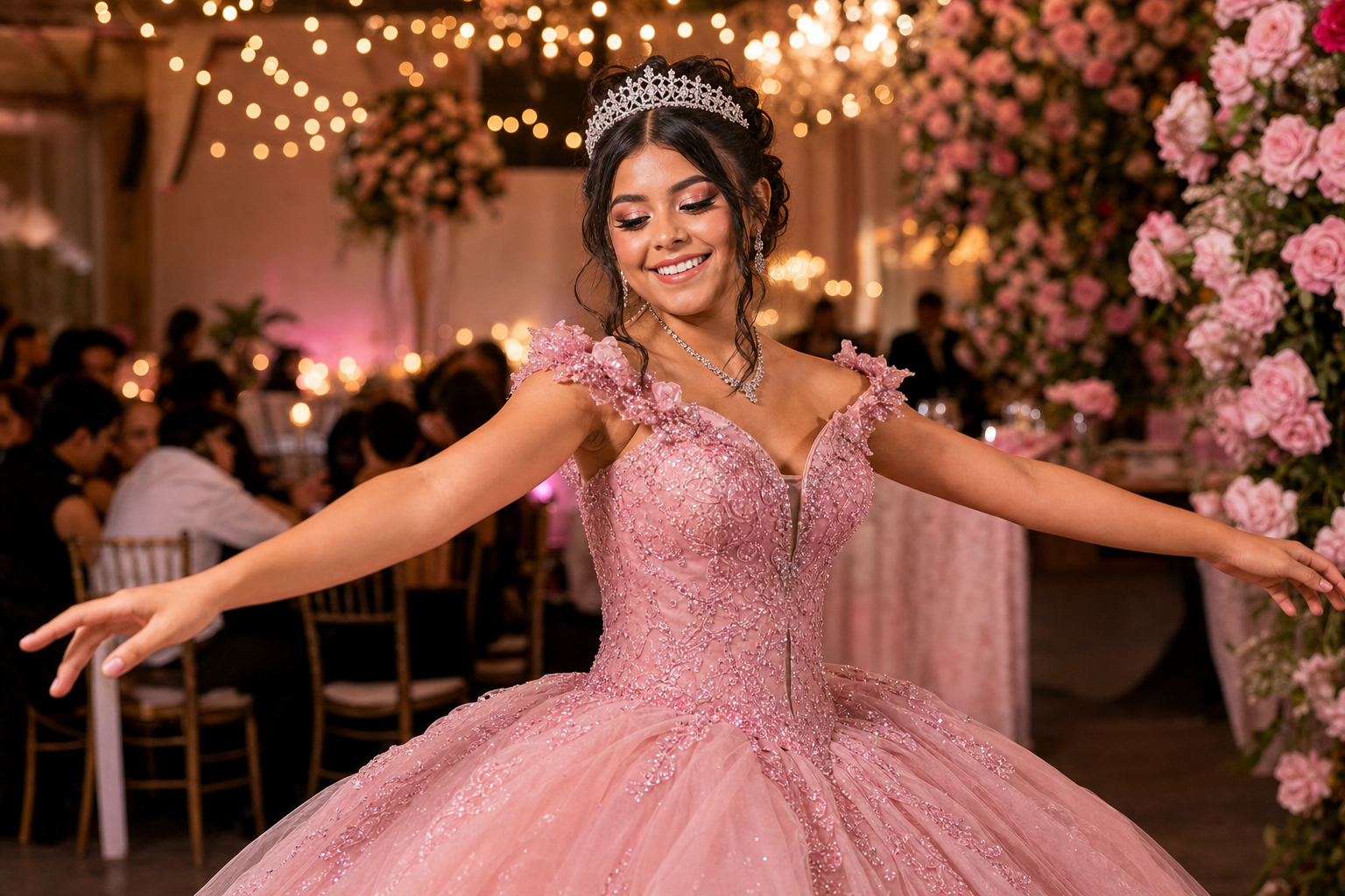 Quinceañera bailando en fiesta de XV años con luces y flores