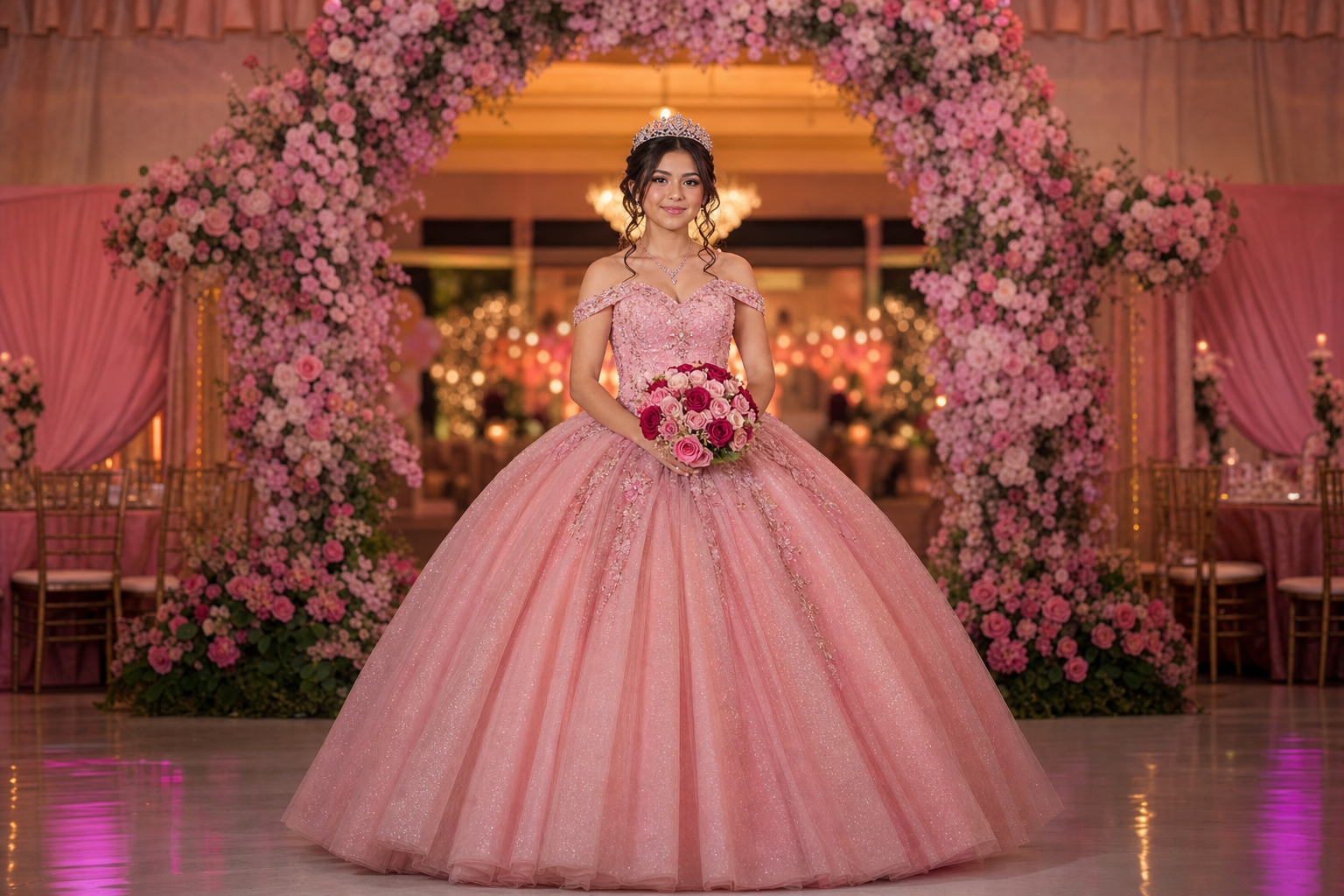 Quinceañera con ramo de rosas en celebración de XV años